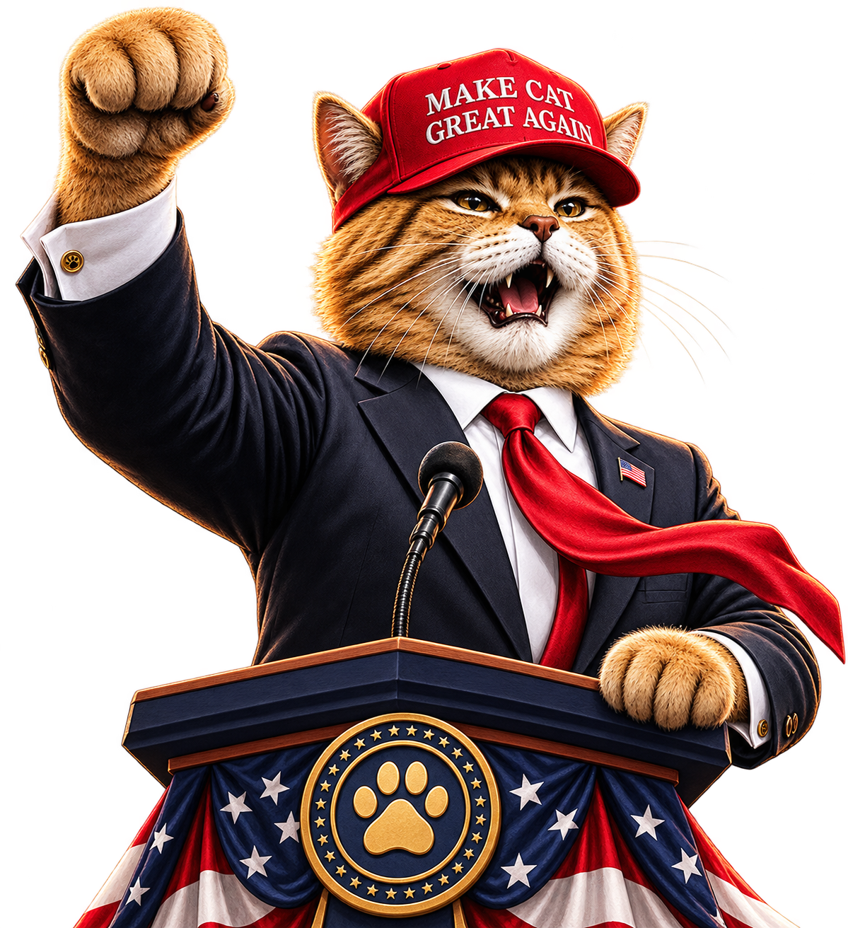 Make Cat Great Again campaign cat at the podium, paw raised